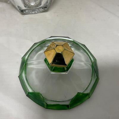 -60- Clear Green & Gold | Butter Dish | Lidded Jar | Creamer & Sugar
