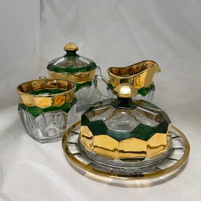 -60- Clear Green & Gold | Butter Dish | Lidded Jar | Creamer & Sugar