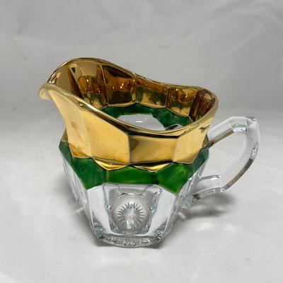 -60- Clear Green & Gold | Butter Dish | Lidded Jar | Creamer & Sugar