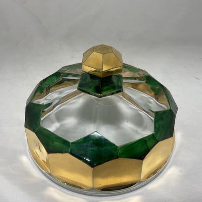 -60- Clear Green & Gold | Butter Dish | Lidded Jar | Creamer & Sugar