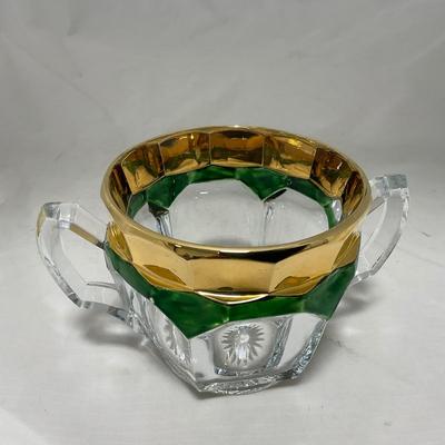 -60- Clear Green & Gold | Butter Dish | Lidded Jar | Creamer & Sugar