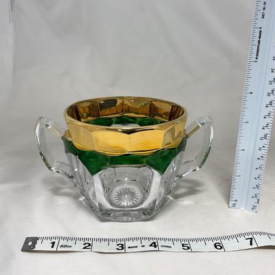 -60- Clear Green & Gold | Butter Dish | Lidded Jar | Creamer & Sugar