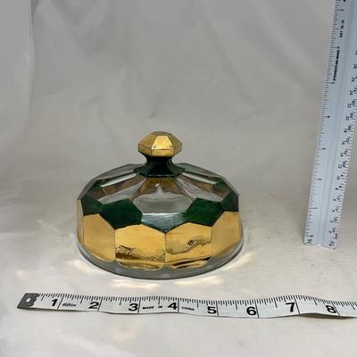 -60- Clear Green & Gold | Butter Dish | Lidded Jar | Creamer & Sugar