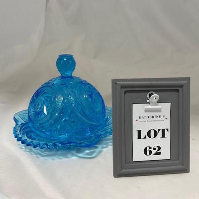 -62- Blue | Cut Glass | Covered Butter Dish