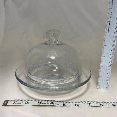 -64- Clear Glass | Mid Century Star Burst | Covered Butter Dish | Lidded Jar | Sugar & Creamer
