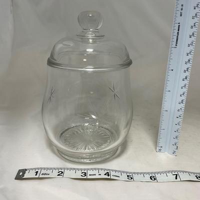 -64- Clear Glass | Mid Century Star Burst | Covered Butter Dish | Lidded Jar | Sugar & Creamer