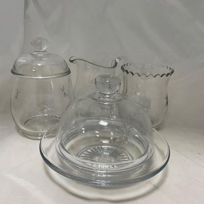 -64- Clear Glass | Mid Century Star Burst | Covered Butter Dish | Lidded Jar | Sugar & Creamer