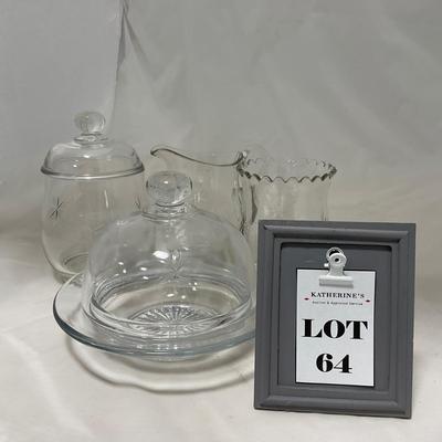 -64- Clear Glass | Mid Century Star Burst | Covered Butter Dish | Lidded Jar | Sugar & Creamer