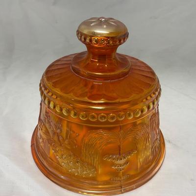 -66- Orange Iridescent Carnival | Peacock Design | Covered butter Dish