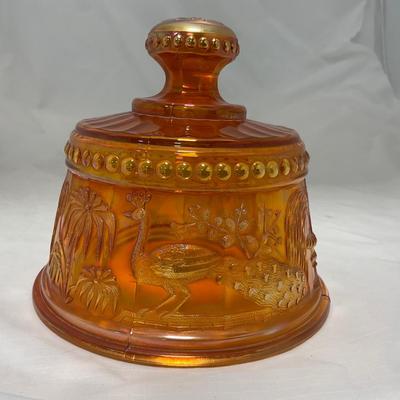 -66- Orange Iridescent Carnival | Peacock Design | Covered butter Dish