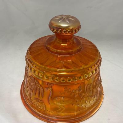 -66- Orange Iridescent Carnival | Peacock Design | Covered butter Dish