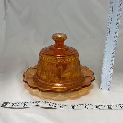 -66- Orange Iridescent Carnival | Peacock Design | Covered butter Dish