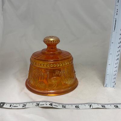 -66- Orange Iridescent Carnival | Peacock Design | Covered butter Dish