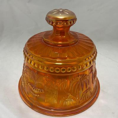 -66- Orange Iridescent Carnival | Peacock Design | Covered butter Dish