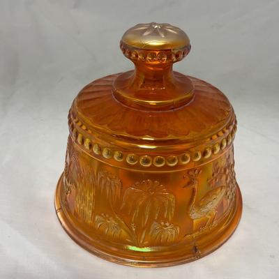 -66- Orange Iridescent Carnival | Peacock Design | Covered butter Dish