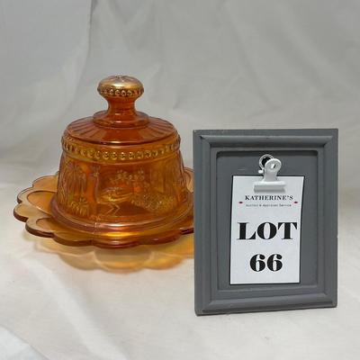 -66- Orange Iridescent Carnival | Peacock Design | Covered butter Dish
