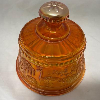 -66- Orange Iridescent Carnival | Peacock Design | Covered butter Dish