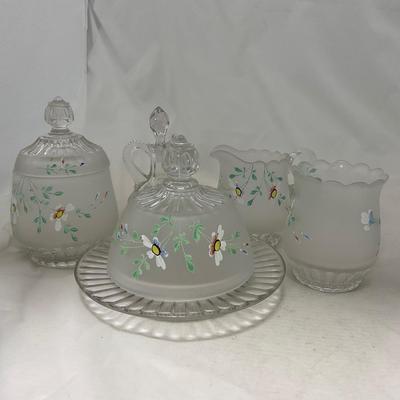 -67- Satin | Hand Painted Glass | Covered Butter Dish, Sugar & Creamer | Lidded Jar | Cruet