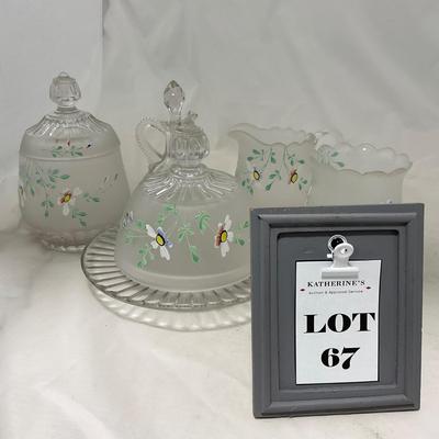 -67- Satin | Hand Painted Glass | Covered Butter Dish, Sugar & Creamer | Lidded Jar | Cruet