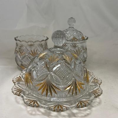 -70- Clear Glass & Gold Accents | Covered Butter Dish | Lidded Jar | Jar