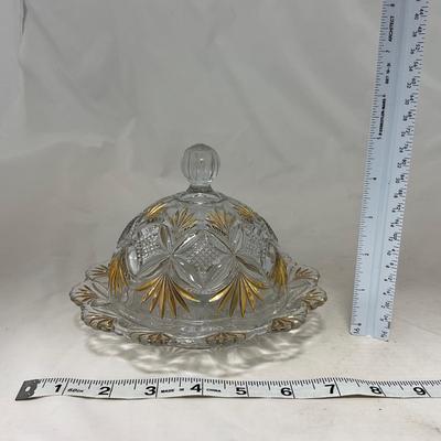 -70- Clear Glass & Gold Accents | Covered Butter Dish | Lidded Jar | Jar