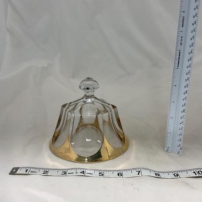 -73- Heavy Clear & Gold Accents | Covered Butter Dish | Lidded Jar