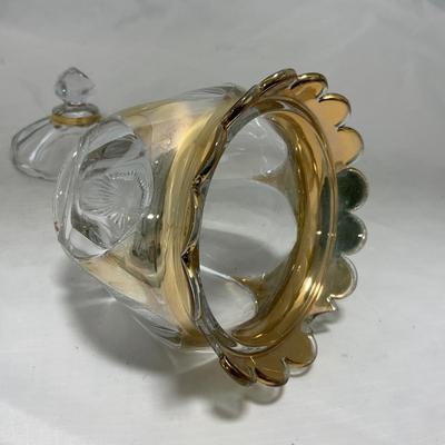-73- Heavy Clear & Gold Accents | Covered Butter Dish | Lidded Jar