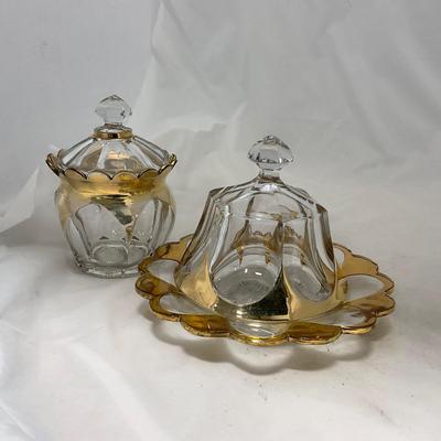 -73- Heavy Clear & Gold Accents | Covered Butter Dish | Lidded Jar
