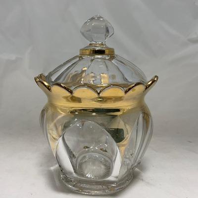 -73- Heavy Clear & Gold Accents | Covered Butter Dish | Lidded Jar