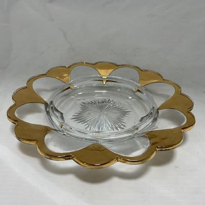 -73- Heavy Clear & Gold Accents | Covered Butter Dish | Lidded Jar