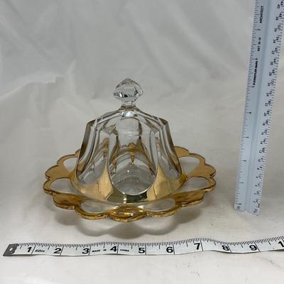 -73- Heavy Clear & Gold Accents | Covered Butter Dish | Lidded Jar