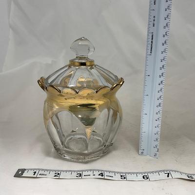 -73- Heavy Clear & Gold Accents | Covered Butter Dish | Lidded Jar
