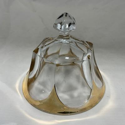 -73- Heavy Clear & Gold Accents | Covered Butter Dish | Lidded Jar