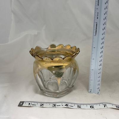 -73- Heavy Clear & Gold Accents | Covered Butter Dish | Lidded Jar