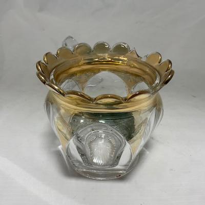 -73- Heavy Clear & Gold Accents | Covered Butter Dish | Lidded Jar