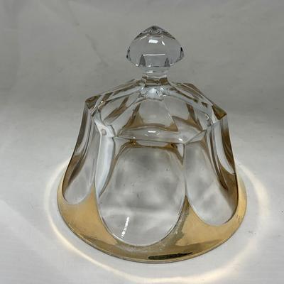 -73- Heavy Clear & Gold Accents | Covered Butter Dish | Lidded Jar