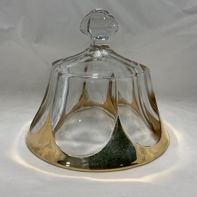 -73- Heavy Clear & Gold Accents | Covered Butter Dish | Lidded Jar