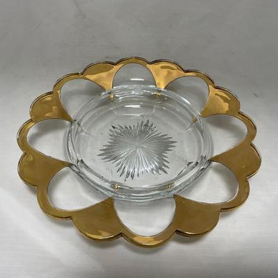 -73- Heavy Clear & Gold Accents | Covered Butter Dish | Lidded Jar
