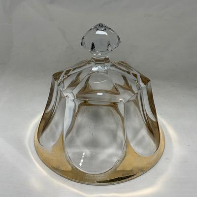 -73- Heavy Clear & Gold Accents | Covered Butter Dish | Lidded Jar