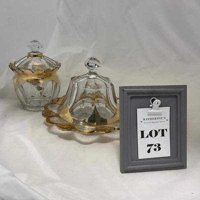 -73- Heavy Clear & Gold Accents | Covered Butter Dish | Lidded Jar