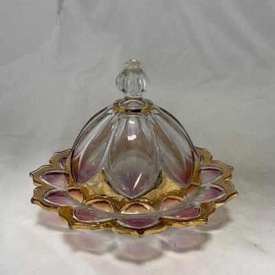 -75- Heavy Clear Glass | Gold & Purple Accents | Covered Butter Dish