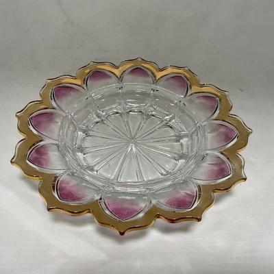 -75- Heavy Clear Glass | Gold & Purple Accents | Covered Butter Dish