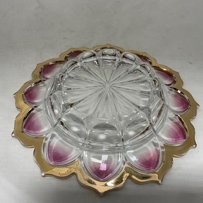 -75- Heavy Clear Glass | Gold & Purple Accents | Covered Butter Dish