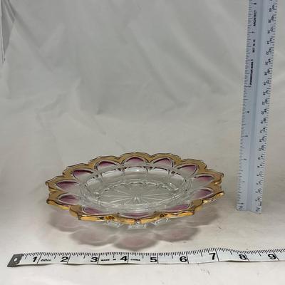 -75- Heavy Clear Glass | Gold & Purple Accents | Covered Butter Dish