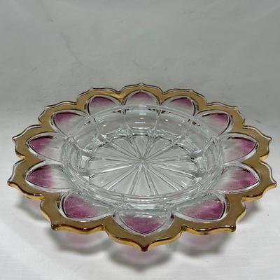 -75- Heavy Clear Glass | Gold & Purple Accents | Covered Butter Dish
