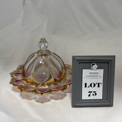 -75- Heavy Clear Glass | Gold & Purple Accents | Covered Butter Dish