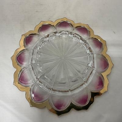 -75- Heavy Clear Glass | Gold & Purple Accents | Covered Butter Dish
