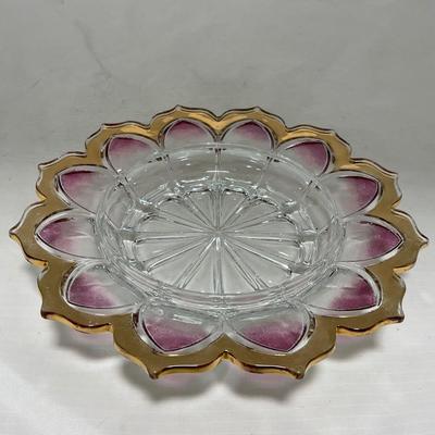 -75- Heavy Clear Glass | Gold & Purple Accents | Covered Butter Dish