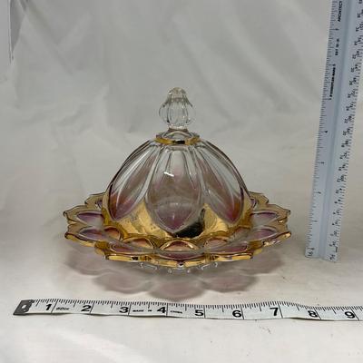 -75- Heavy Clear Glass | Gold & Purple Accents | Covered Butter Dish