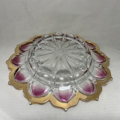 -75- Heavy Clear Glass | Gold & Purple Accents | Covered Butter Dish
